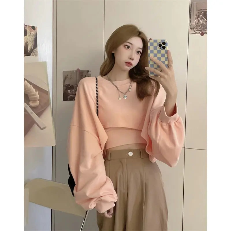 Autumn Two Piece Suit Hoodies Women Loose Bat Sleeve Tops Fashion Popular Crop Sweatshirts+Camis nowadaysfashion