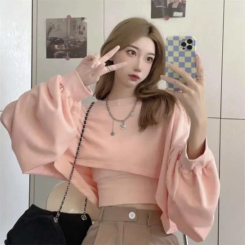 Autumn Two Piece Suit Hoodies Women Loose Bat Sleeve Tops Fashion Popular Crop Sweatshirts+Camis - Blade & Thread