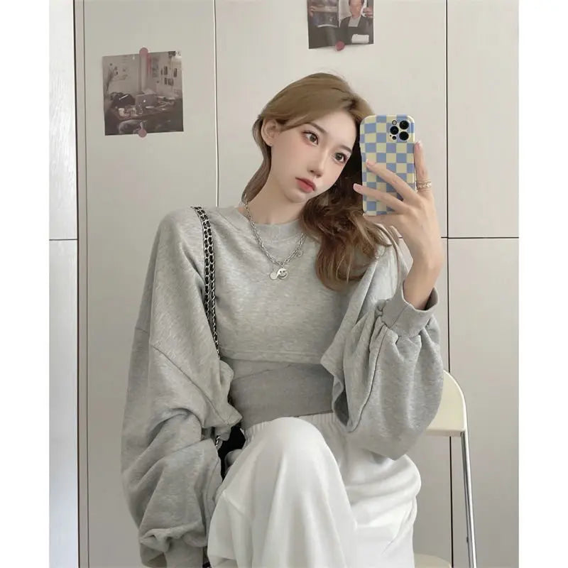 Autumn Two Piece Suit Hoodies Women Loose Bat Sleeve Tops Fashion Popular Crop Sweatshirts+Camis - Blade & Thread