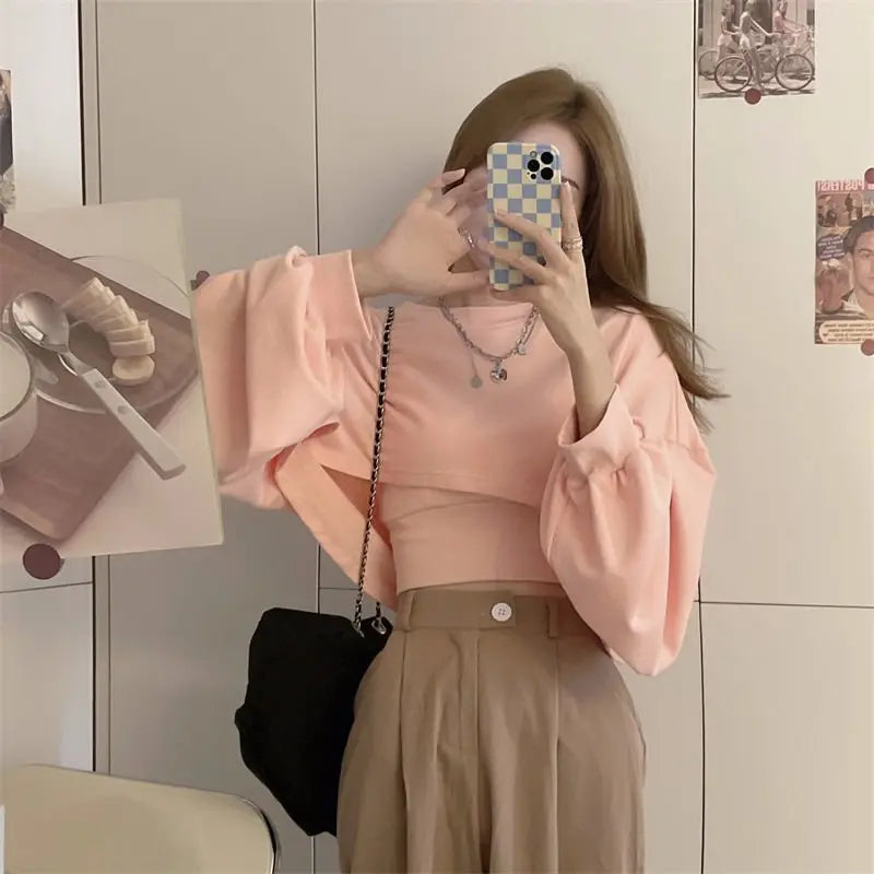 Autumn Two Piece Suit Hoodies Women Loose Bat Sleeve Tops Fashion Popular Crop Sweatshirts+Camis nowadaysfashion