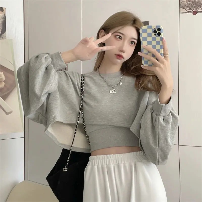 Autumn Two Piece Suit Hoodies Women Loose Bat Sleeve Tops Fashion Popular Crop Sweatshirts+Camis - Blade & Thread