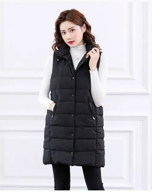 Autumn Winter Coat Women's Solid Loose Vest Stand Collar Long Vest Bodywarm Cotton Padded - Blade & Thread