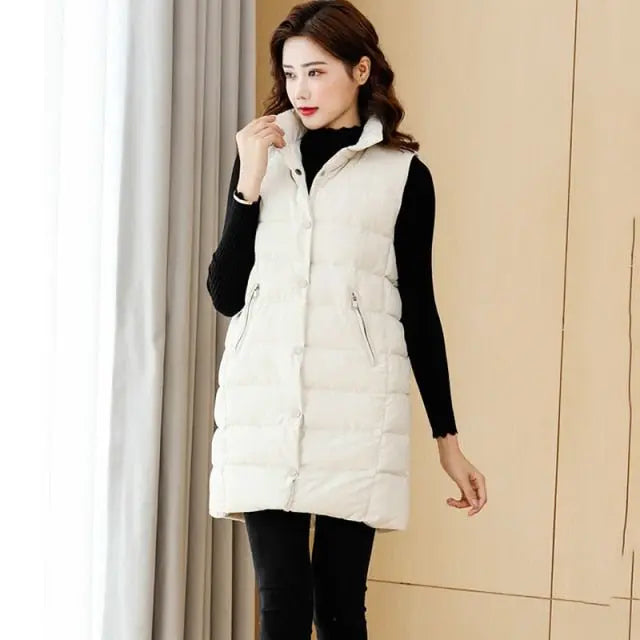 Autumn Winter Coat Women's Solid Loose Vest Stand Collar Long Vest Bodywarm Cotton Padded nowadaysfashion