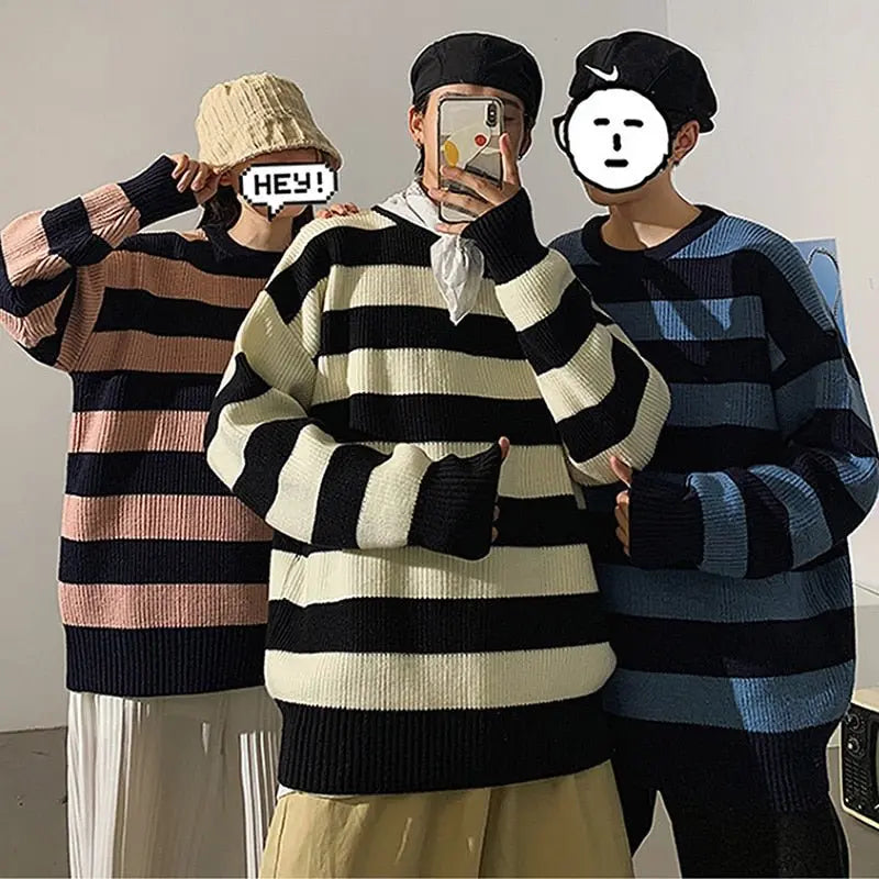 Autumn Winter Knitted Striped Sweater Casual Oversized Pullovers Sweaters - Blade & Thread