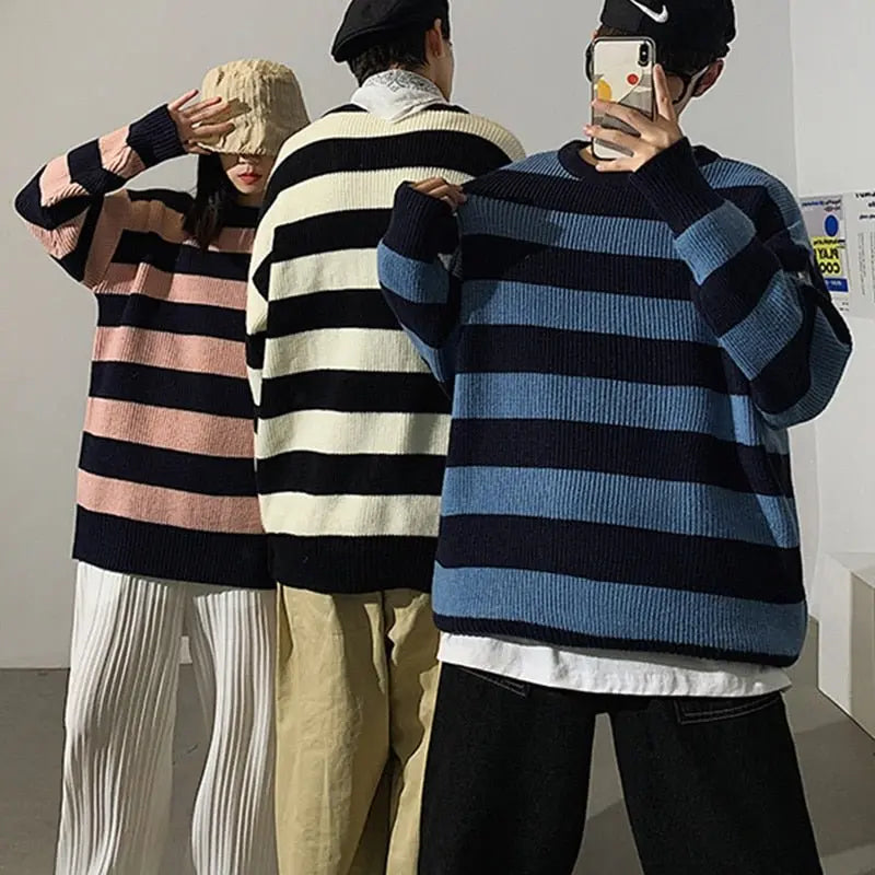 Autumn Winter Knitted Striped Sweater Casual Oversized Pullovers Sweaters - Blade & Thread