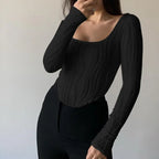 Autumn & Winter long-sleeved U-neck water ripple slim fit top T-shirt nowadaysfashion
