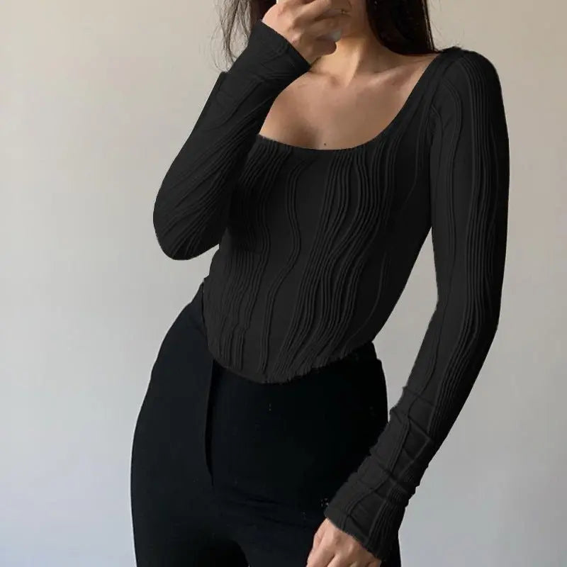 Autumn & Winter long-sleeved U-neck water ripple slim fit top T-shirt - Blade & Thread