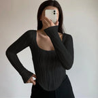 Autumn & Winter long-sleeved U-neck water ripple slim fit top T-shirt nowadaysfashion