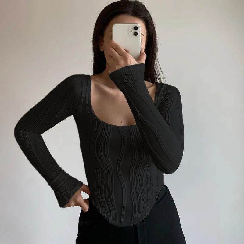 Autumn & Winter long-sleeved U-neck water ripple slim fit top T-shirt nowadaysfashion