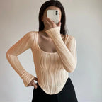Autumn & Winter long-sleeved U-neck water ripple slim fit top T-shirt nowadaysfashion