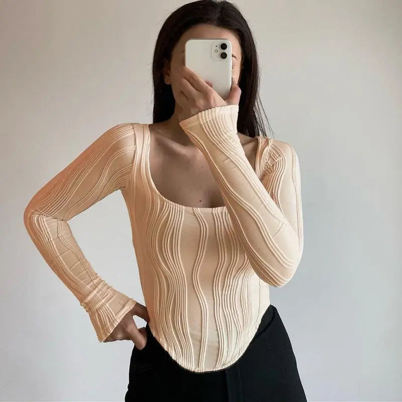 Autumn & Winter long-sleeved U-neck water ripple slim fit top T-shirt - Blade & Thread