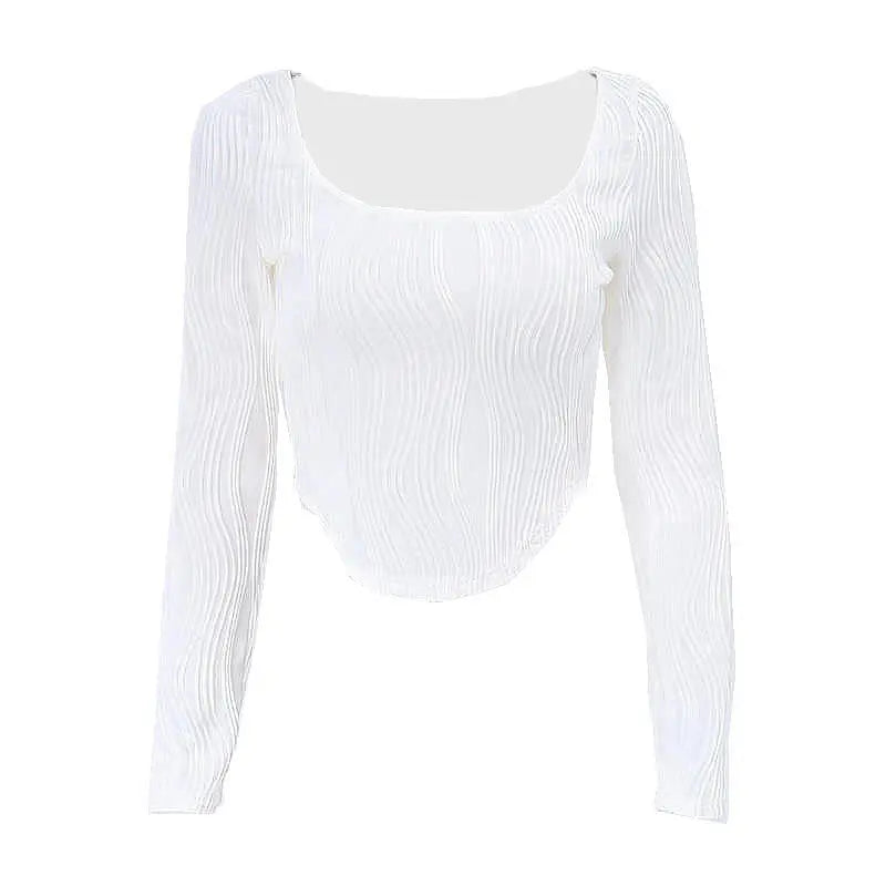 Autumn & Winter long-sleeved U-neck water ripple slim fit top T-shirt - Blade & Thread