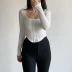 Autumn & Winter long-sleeved U-neck water ripple slim fit top T-shirt nowadaysfashion