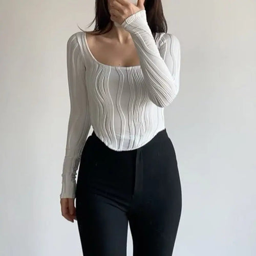 Autumn & Winter long-sleeved U-neck water ripple slim fit top T-shirt nowadaysfashion