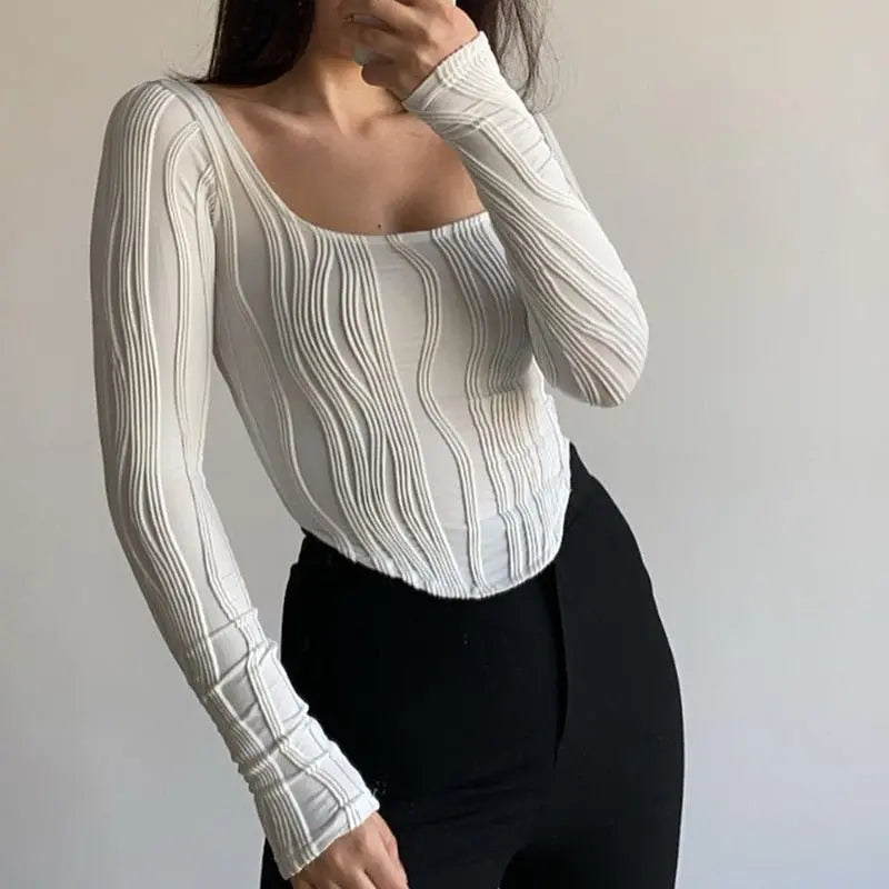 Autumn & Winter long-sleeved U-neck water ripple slim fit top T-shirt - Blade & Thread