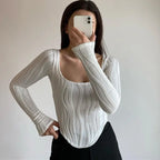 Autumn & Winter long-sleeved U-neck water ripple slim fit top T-shirt nowadaysfashion