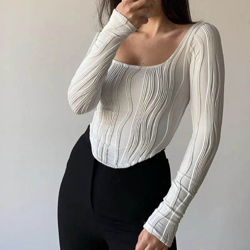 Autumn & Winter long-sleeved U-neck water ripple slim fit top T-shirt nowadaysfashion