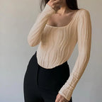 Autumn & Winter long-sleeved U-neck water ripple slim fit top T-shirt nowadaysfashion
