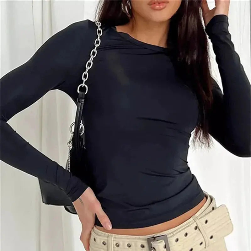 Autumn Winter Y2k Crop Women Long Sleeve T Shirt O Neck Slim Fit Pullovers - Blade & Thread