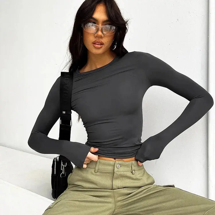 Autumn Winter Y2k Crop Women Long Sleeve T Shirt O Neck Slim Fit Pullovers - Blade & Thread