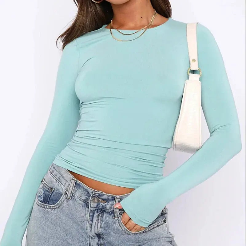 Autumn Winter Y2k Crop Women Long Sleeve T Shirt O Neck Slim Fit Pullovers - Blade & Thread
