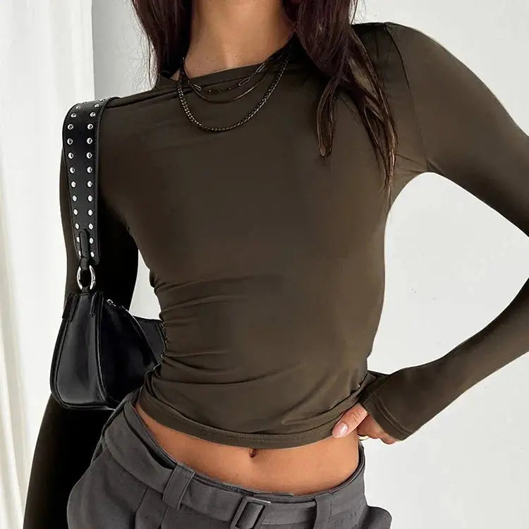 Autumn Winter Y2k Crop Women Long Sleeve T Shirt O Neck Slim Fit Pullovers - Blade & Thread