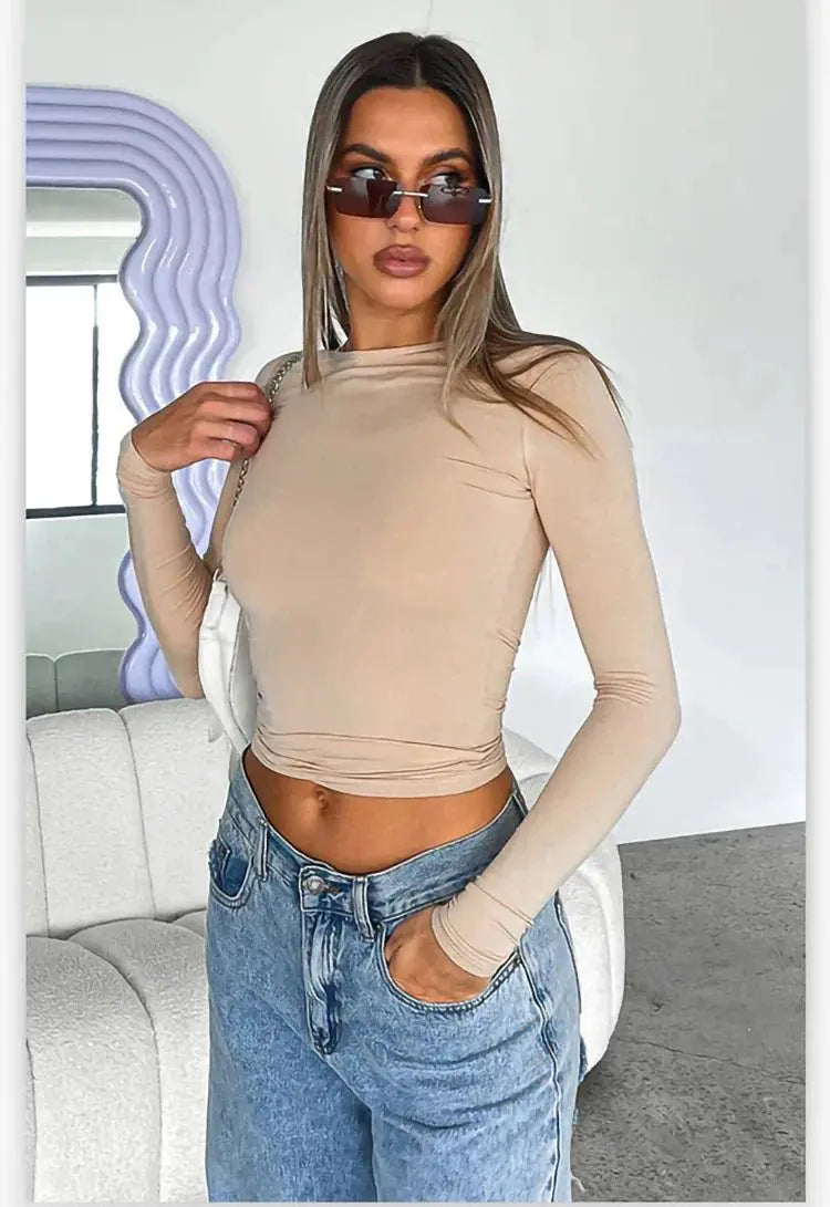 Autumn Winter Y2k Crop Women Long Sleeve T Shirt O Neck Slim Fit Pullovers - Blade & Thread