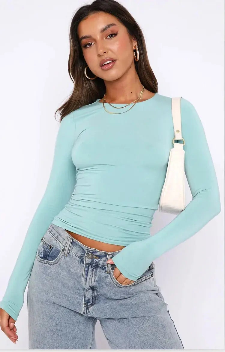 Autumn Winter Y2k Crop Women Long Sleeve T Shirt O Neck Slim Fit Pullovers nowadaysfashion