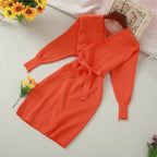 Autumn Women Sexy Elegant Knitted Dress Backless V Neck Sash Tie Up High Waist Dresses nowadaysfashion