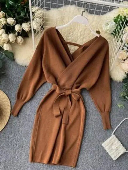Autumn Women Sexy Elegant Knitted Dress Backless V Neck Sash Tie Up High Waist Dresses nowadaysfashion