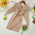 Autumn Women Sexy Elegant Knitted Dress Backless V Neck Sash Tie Up High Waist Dresses nowadaysfashion
