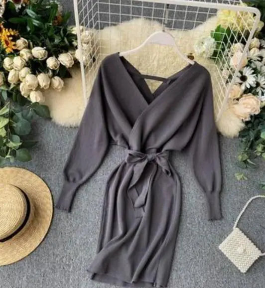 Autumn Women Sexy Elegant Knitted Dress Backless V Neck Sash Tie Up High Waist Dresses - Blade & Thread