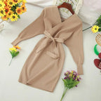 Autumn Women Sexy Elegant Knitted Dress Backless V Neck Sash Tie Up High Waist Dresses nowadaysfashion