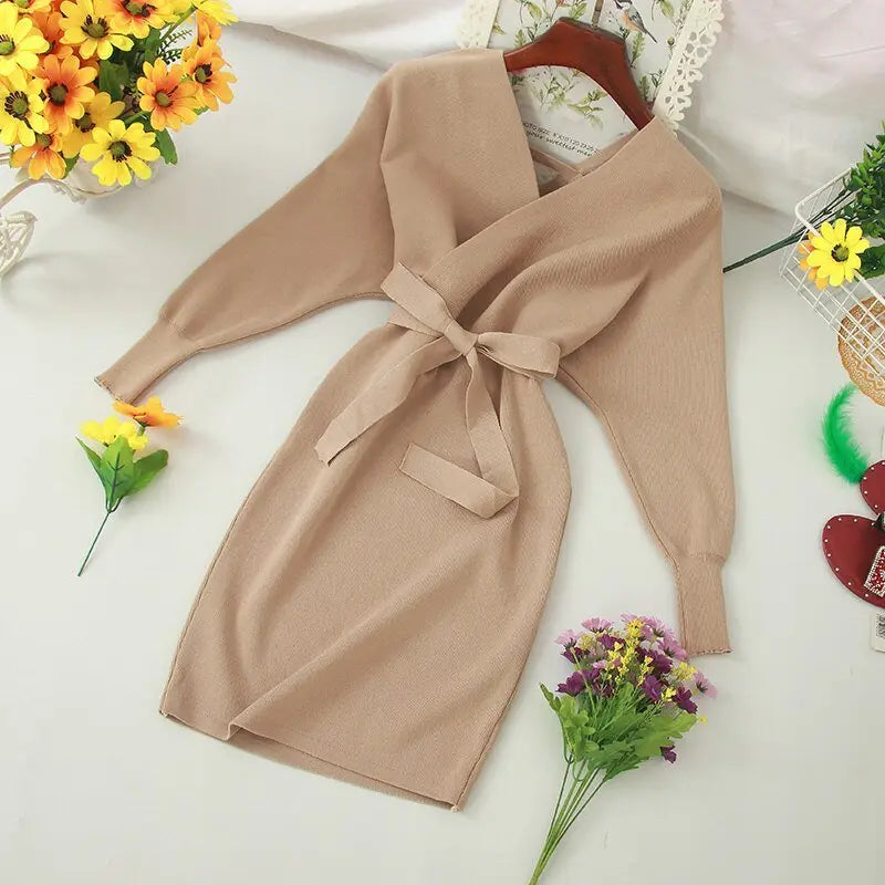 Autumn Women Sexy Elegant Knitted Dress Backless V Neck Sash Tie Up High Waist Dresses - Blade & Thread