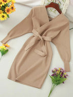 Autumn Women Sexy Elegant Knitted Dress Backless V Neck Sash Tie Up High Waist Dresses nowadaysfashion