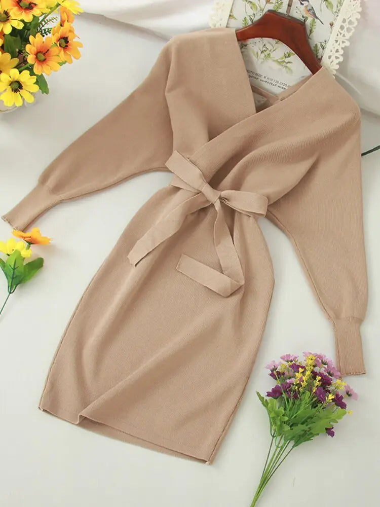 Autumn Women Sexy Elegant Knitted Dress Backless V Neck Sash Tie Up High Waist Dresses - Blade & Thread