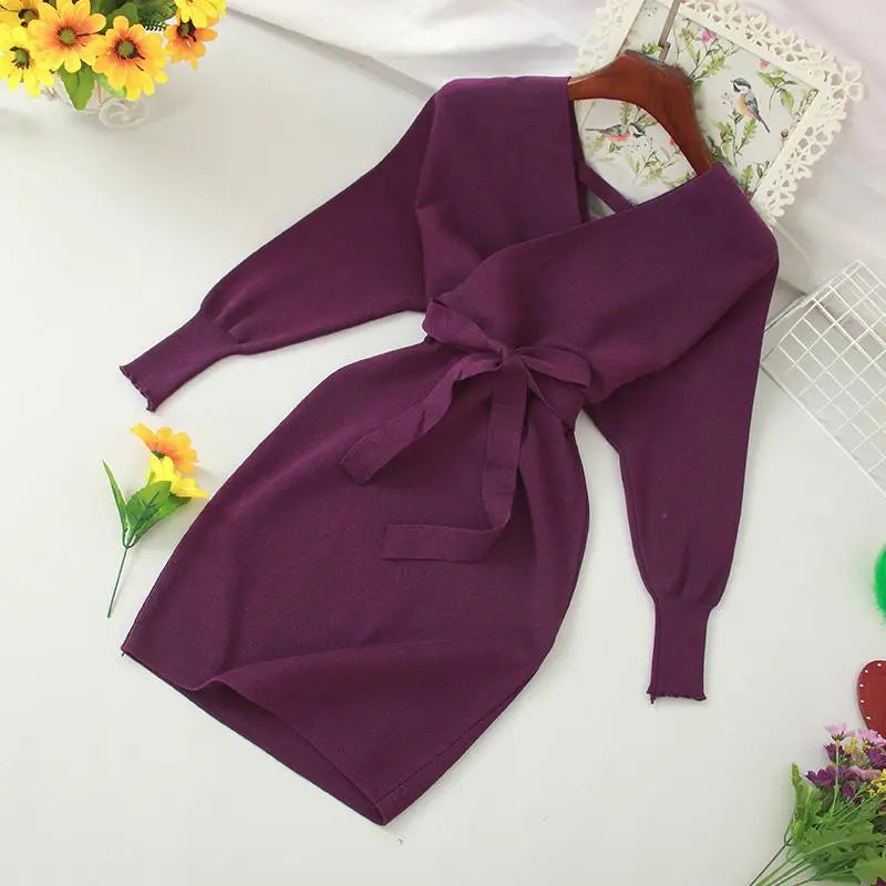 Autumn Women Sexy Elegant Knitted Dress Backless V Neck Sash Tie Up High Waist Dresses - Blade & Thread
