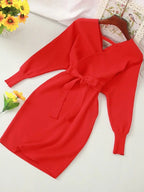 Autumn Women Sexy Elegant Knitted Dress Backless V Neck Sash Tie Up High Waist Dresses nowadaysfashion