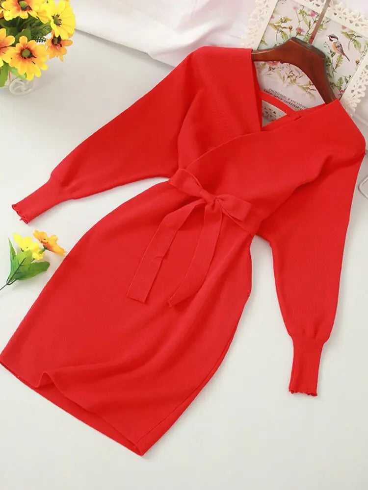 Autumn Women Sexy Elegant Knitted Dress Backless V Neck Sash Tie Up High Waist Dresses - Blade & Thread