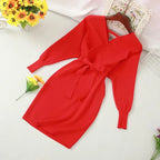 Autumn Women Sexy Elegant Knitted Dress Backless V Neck Sash Tie Up High Waist Dresses nowadaysfashion