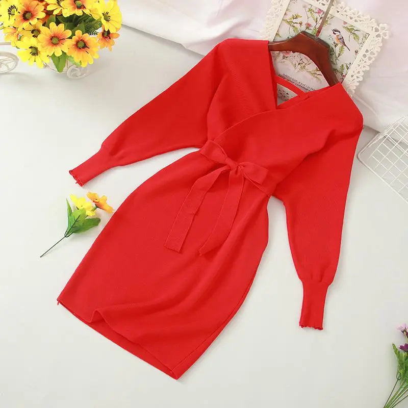 Autumn Women Sexy Elegant Knitted Dress Backless V Neck Sash Tie Up High Waist Dresses - Blade & Thread