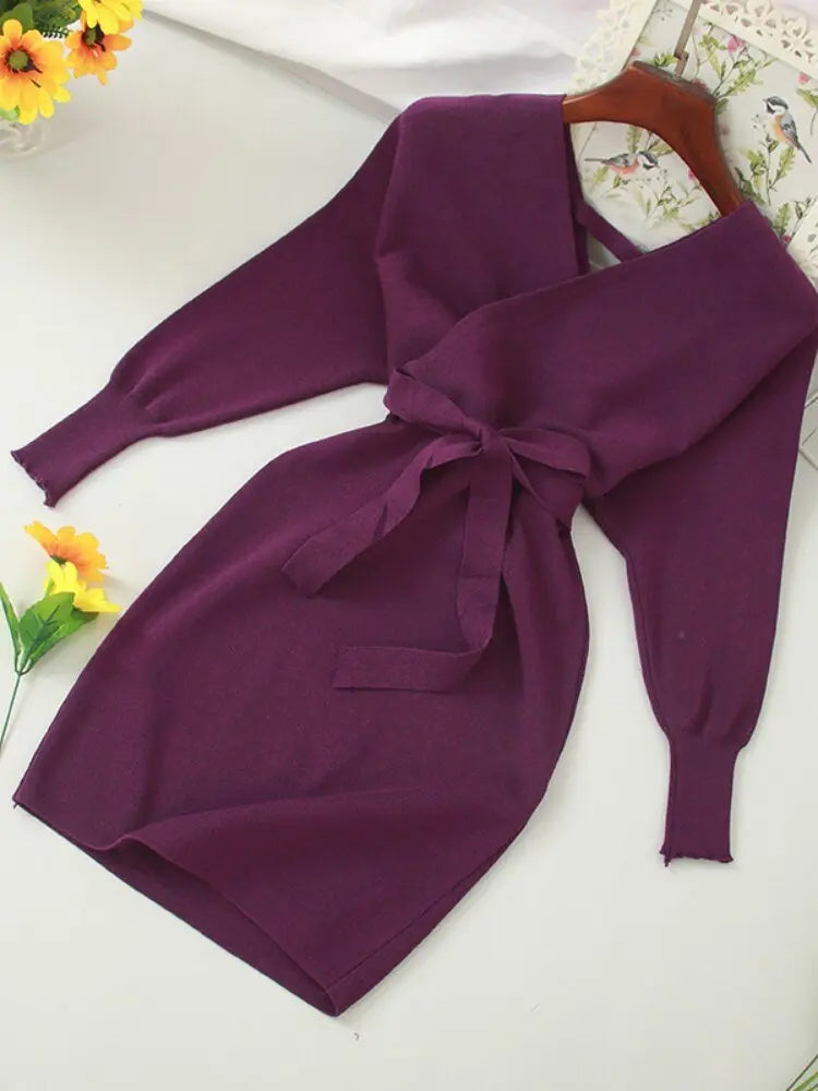 Autumn Women Sexy Elegant Knitted Dress Backless V Neck Sash Tie Up High Waist Dresses - Blade & Thread
