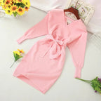Autumn Women Sexy Elegant Knitted Dress Backless V Neck Sash Tie Up High Waist Dresses nowadaysfashion