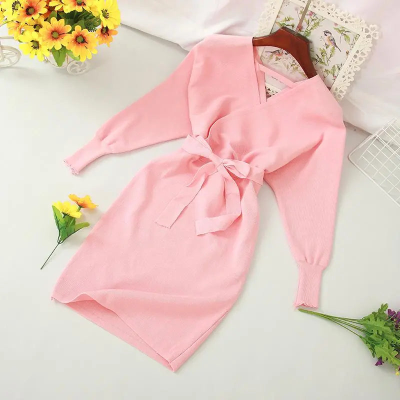 Autumn Women Sexy Elegant Knitted Dress Backless V Neck Sash Tie Up High Waist Dresses nowadaysfashion