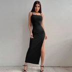 Backless Bandage Slit Dress Knitted Fabric Solid Color Strap Long Dress nowadaysfashion