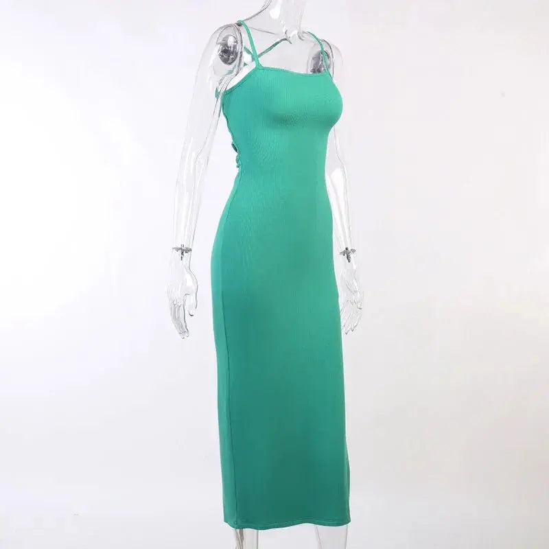 Backless Bandage Slit Dress Knitted Fabric Solid Color Strap Long Dress nowadaysfashion