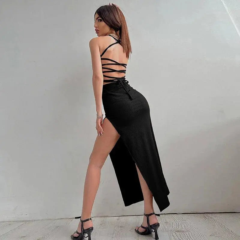Backless Bandage Slit Dress Knitted Fabric Solid Color Strap Long Dress - Blade & Thread