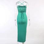 Backless Bandage Slit Dress Knitted Fabric Solid Color Strap Long Dress nowadaysfashion
