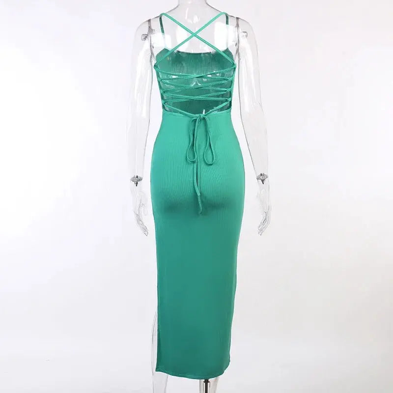 Backless Bandage Slit Dress Knitted Fabric Solid Color Strap Long Dress - Blade & Thread