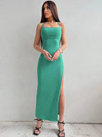 Backless Bandage Slit Dress Knitted Fabric Solid Color Strap Long Dress nowadaysfashion
